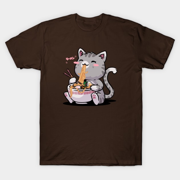 Kawaii Neko Cat Ramen Bowl Anime Otaku Gray Cat T-Shirt by vo_maria